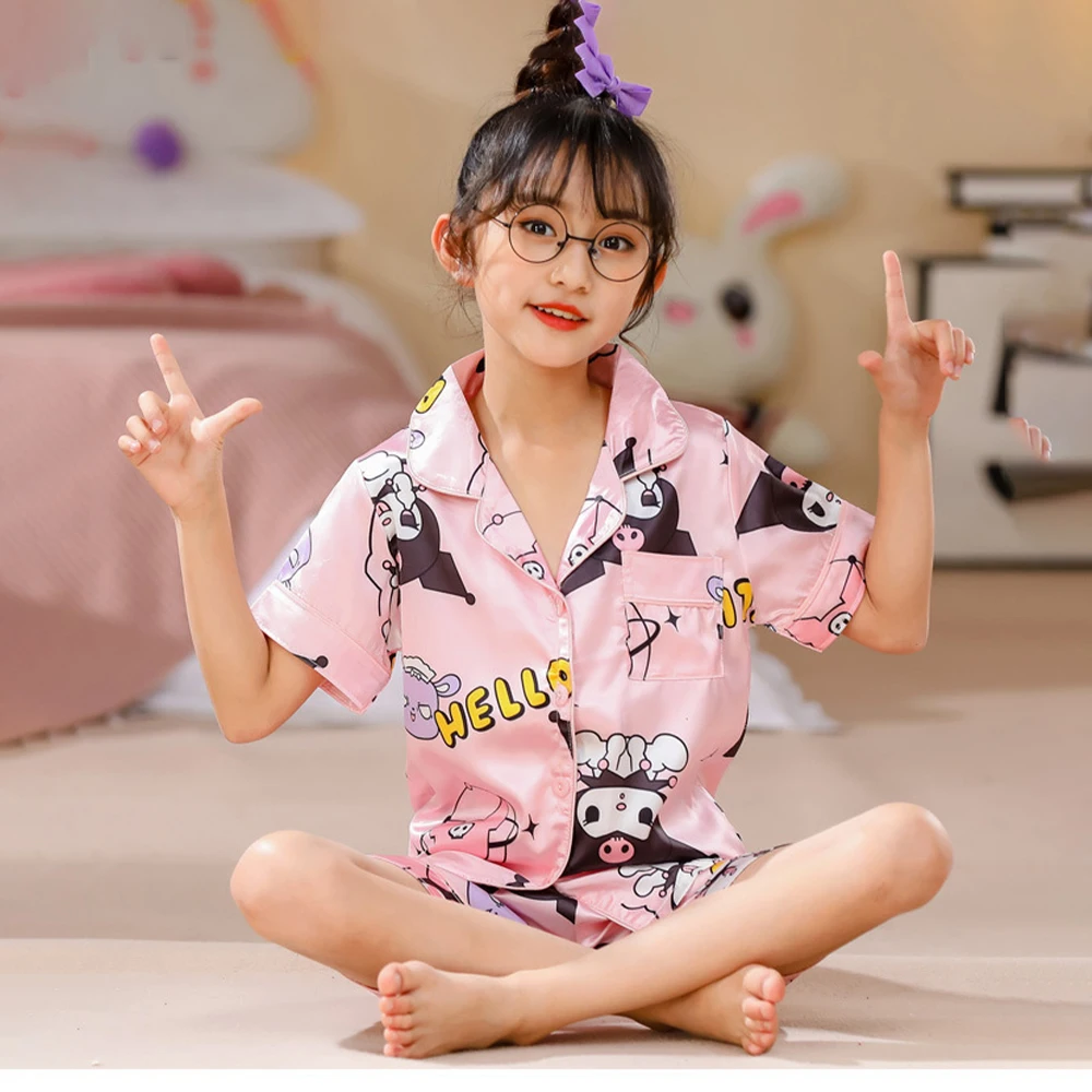 Kids Summer Nightwear Pajamas Sanrios Cinnamoroll Kuromi Kawaii Short Sleeved Shorts Anime Cartoon Boys Girls Ice Silk Home Wear