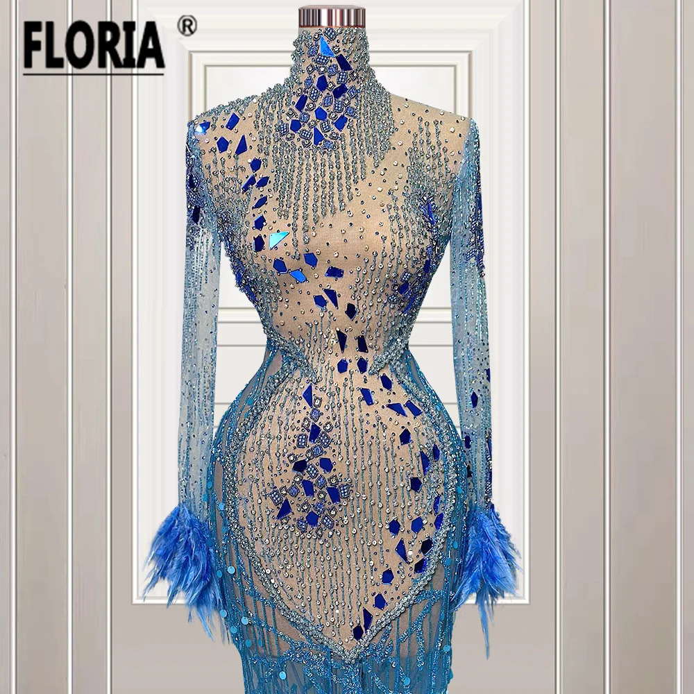 Luxury Blue Evening Dresses Jewel Long Sleeves Beaded Feather Prom Gowns Illusion Wedding Ceremony Party Dress Vestidos Festa