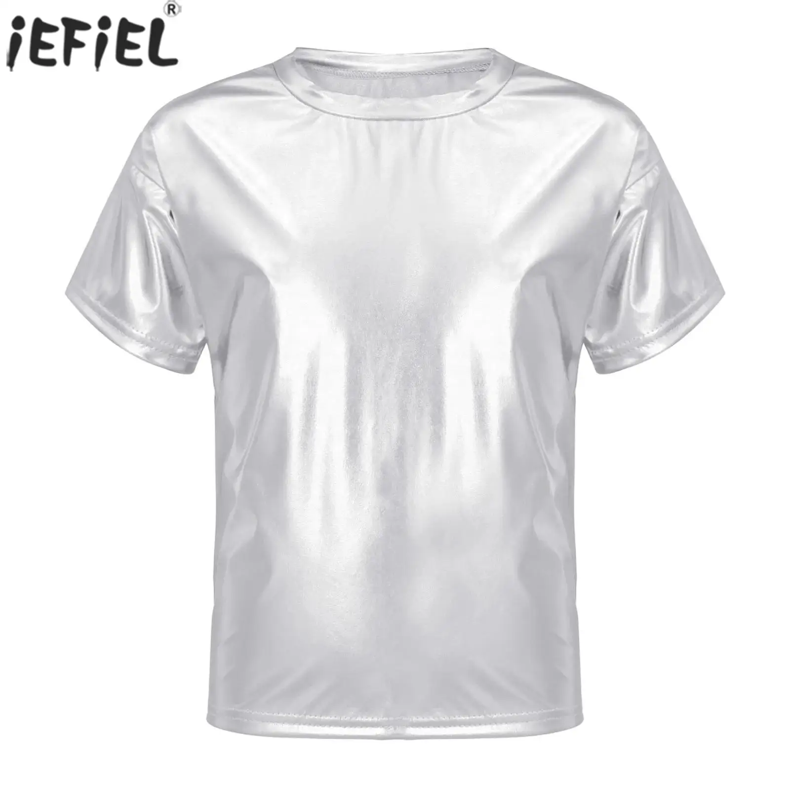 Kids Girls Boys Jazz Hip Hop Street Dance Tops Shiny Metallic Short Sleeve T-Shirt Top Competition Stage Performance Dancewear