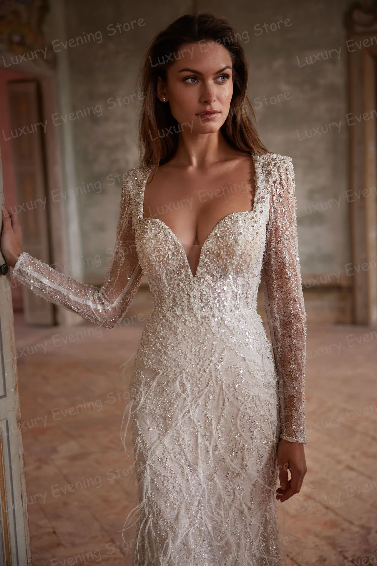 Simple Appliques Wedding Dresses Woman's Bride Gowns Sexy Lace Shawl Party Long Sleeve Classic Vestidos De Noche Customized 2027