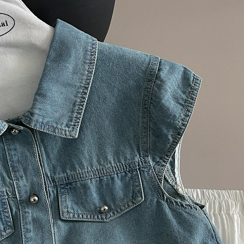 المرأة قميص دينيم رفض طوق تحلق كم قصير الأزرق بلايز المحملة الإناث الصيف موضة فضفاض البلوز الجينز القمم المحملة #3