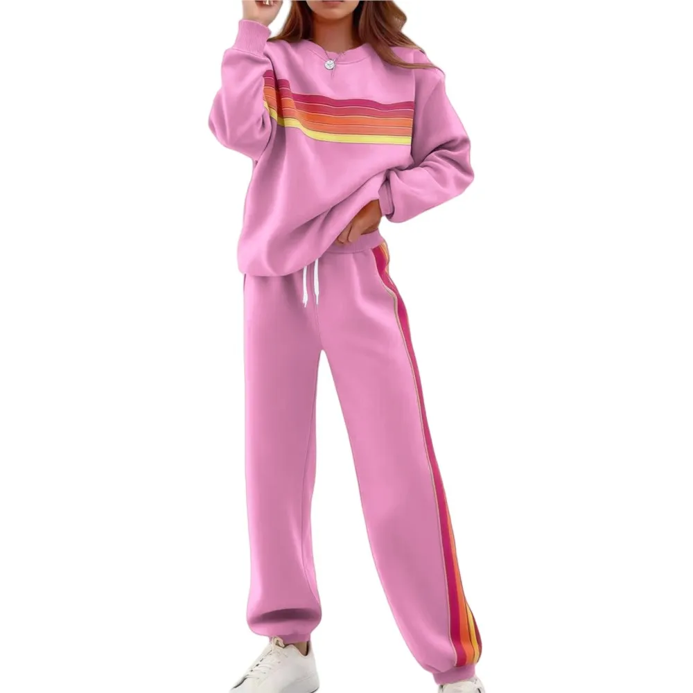 Casual O Neck Sweatshirt Color Blocked Long-sleeved Women's Suit Autumn Winter New Loose Foot Sports Trousers 2piece Set Female