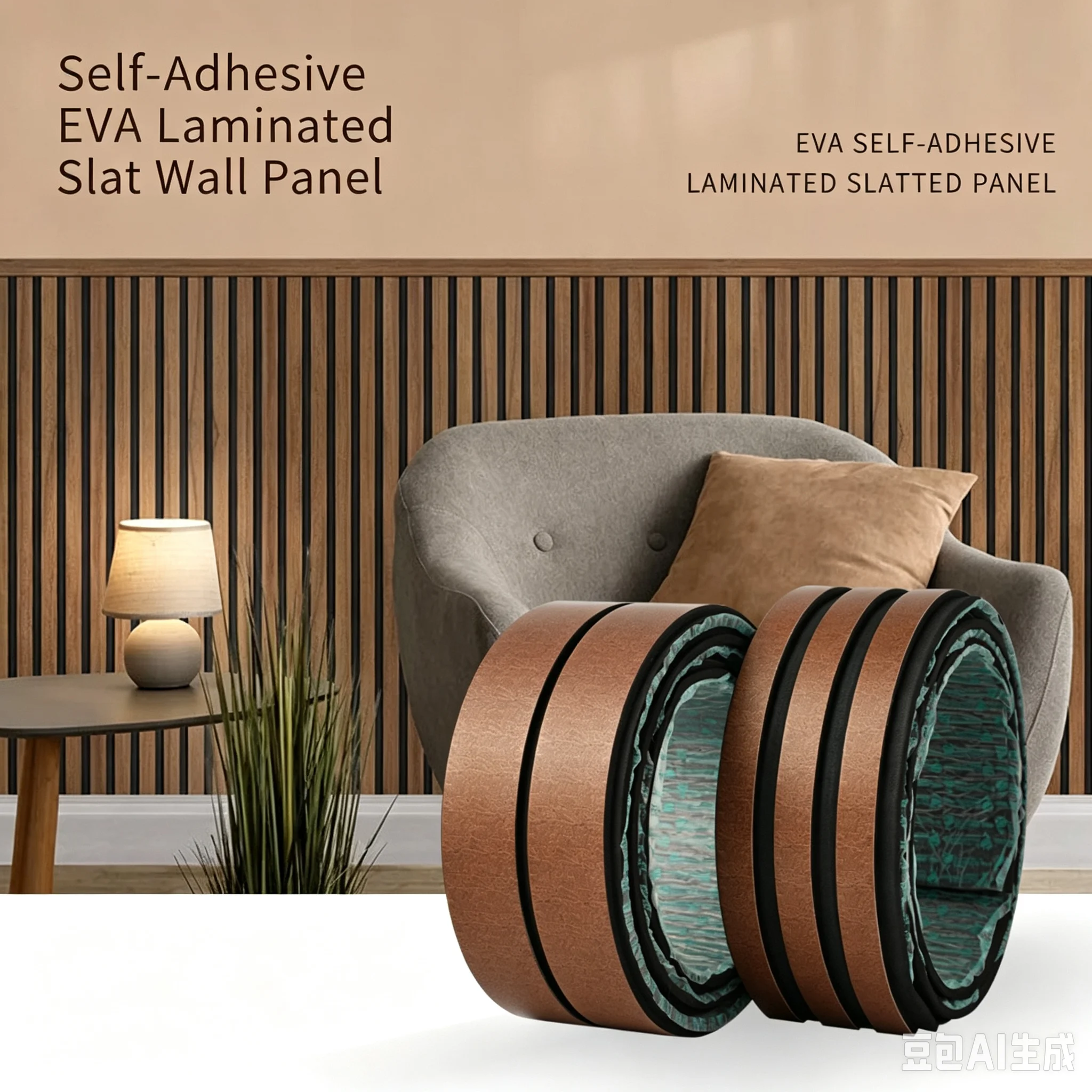 3M New EVA Self-Adhesive 3D Imitation Wooden Grille Decorative Panels Flexible Background Wall Molding Line, for DIY Home Decor