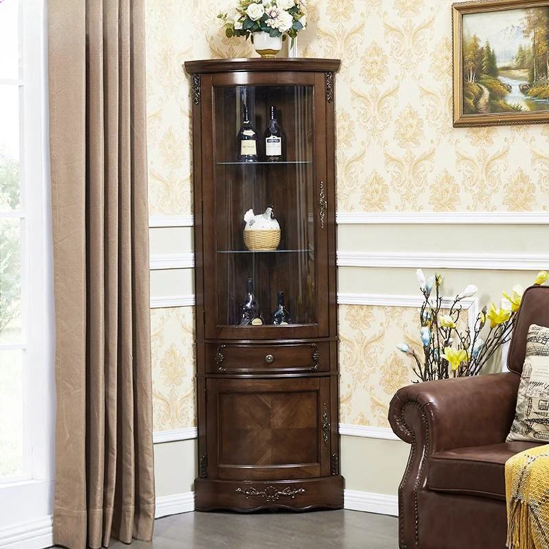 

Solid wood corner rack Curved dining room Corner cabinet cabinet Triangle wine Glass door