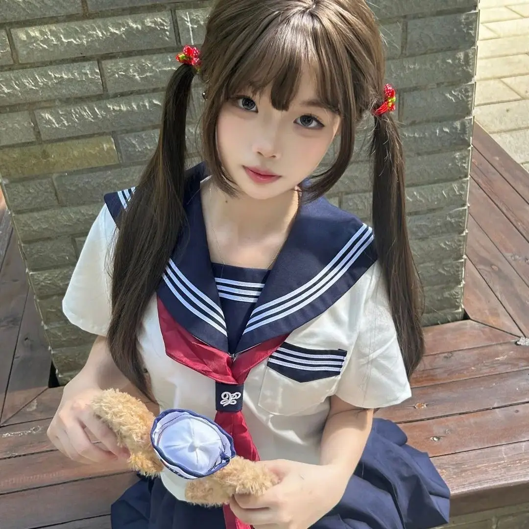 plus Size Japanese Style School Uniform Set Sailor Suit Top And Navy Skirt Casual Fashion for Women Short Sleeve V Neck