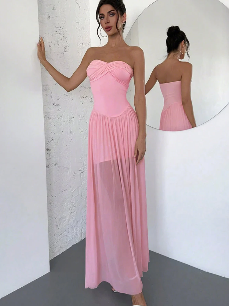

Macheda Ruched Elegant Maxi Dress Women Y2K Sweet Style Off Shoulder Cross Folds Backless Mesh Patchwork Hem Prom Party Vestidos