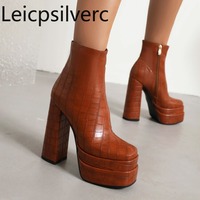 Autumn Winter New styles fashion High heels Women's boots Solid PU Platform sexy Square toe Modern Boots high 14cm size 34-43