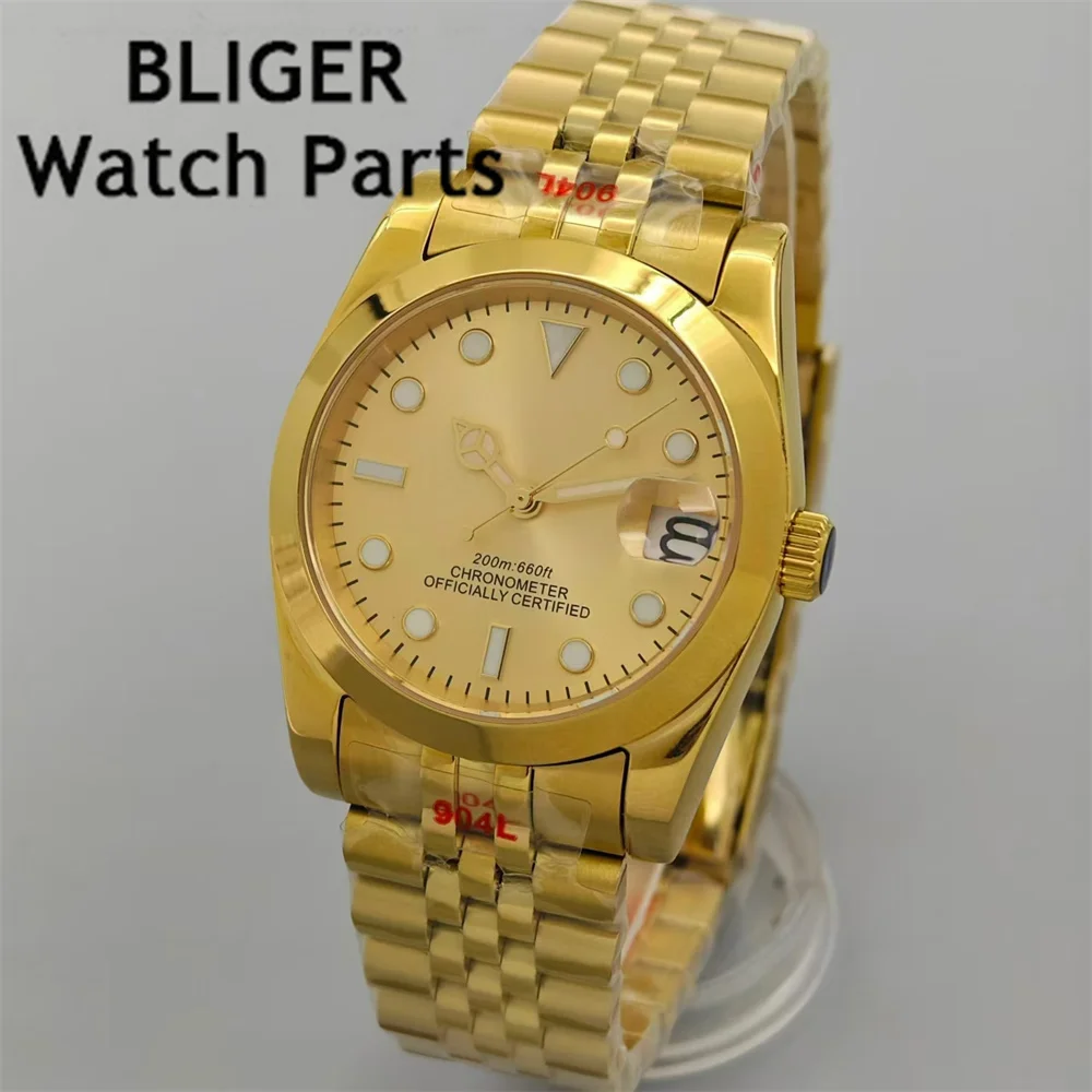 BLIGER 36mm/39mm Luxury Gold Men Watch NH35 Automatic Movement Steel Case Bracelet  Super blue Green Luminous Sapphire Glass