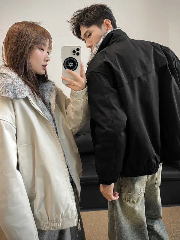 

Thiened Cotton Jaet for Couples Wolf King Fur Collar One-Piece Winter Coat Youth ular Loose Fit Polyester Inner Liner