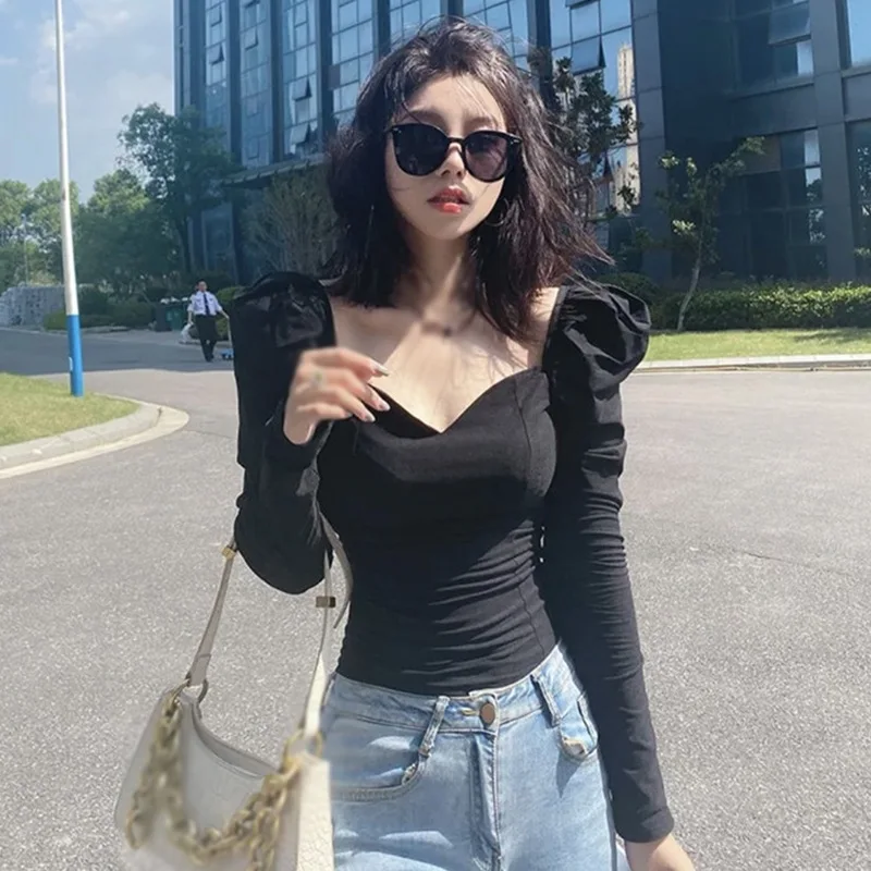Tops for Women Spring Autumn Long Sleeves Puff Sleeves Square Neck Casual T Shirt Solid Color