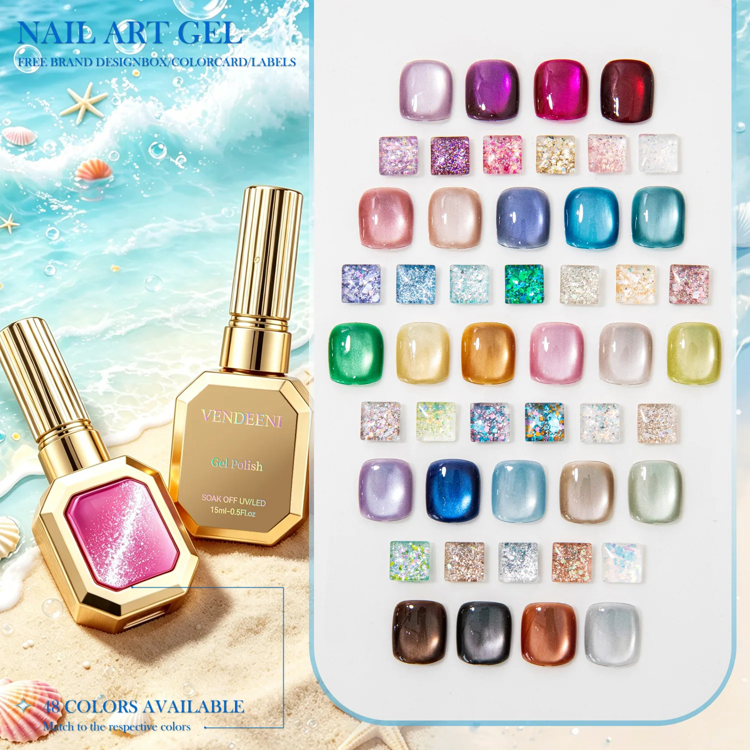 Vendeeni 48 Color Ocean Melody Cat Eye Gel Bright Glitter Flake Porcelain White Satin UV Soak Off Nail Polish Salon DIY Manicure