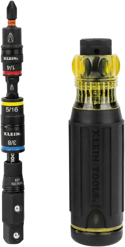 

Магнитная ударная отвертка 17-в-1 с откидным держателем, 11 насадок и 3 торцевых ключа для универсального использования