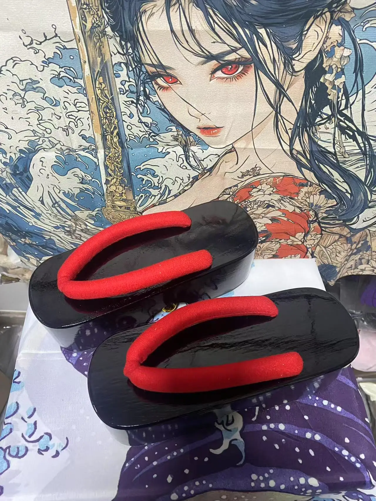 WHOHOLL Japanese Geta Sandals Women Queen Geisha Cosplay Costumes Comiket Small Bell Wooden Slippers Thick Bottom Clogs Shoes
