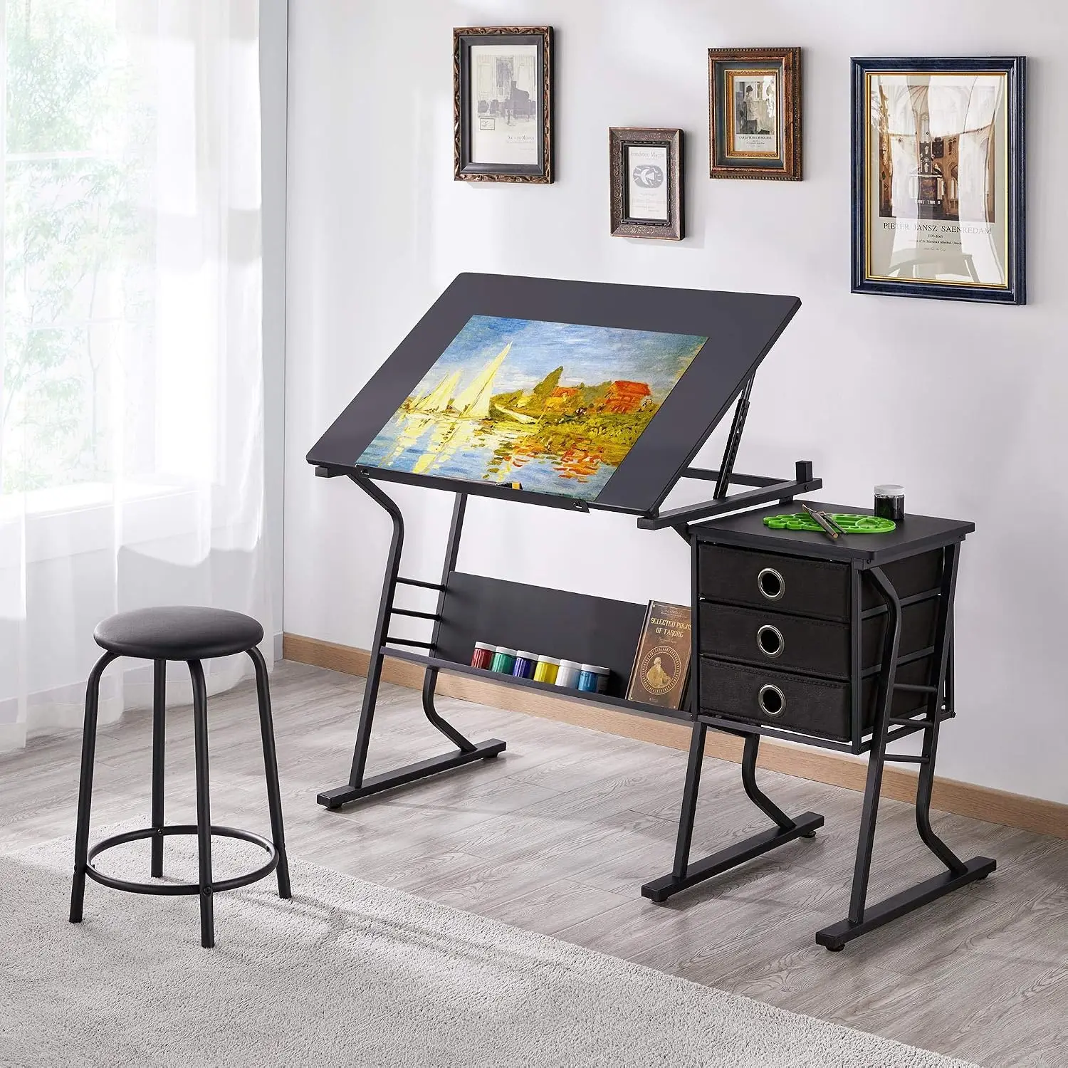 Drafting Table for Adults/Artists, Drawing Desk, Tabletop Adjustable Art/Craft Desk with Stool and 3 Slide Drawers, Sketching Painting Artwork Station for Art Studio Home Office School