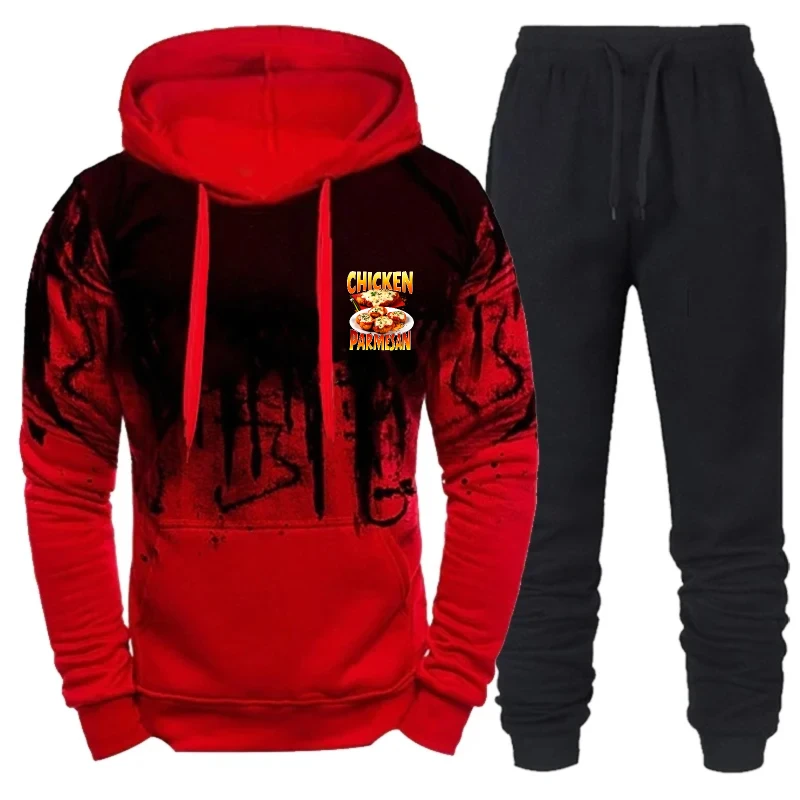 طقم سويت شيرت رجالي بقلنسوة باللون الأسود والرمادي والدجاج والبارميزان، ملابس رياضية كاجوال للركض للارتداء اليومي وصالة الألعاب الرياضية