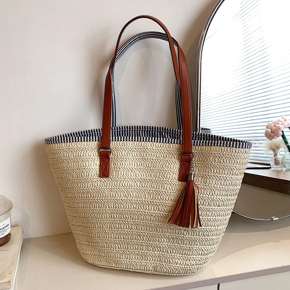 

Summer Top-handle Bag Paper Rope Tassels Shopping Tote Bag Handmade Casual Fashion Simple Portable Elegant for Seaside Holiday