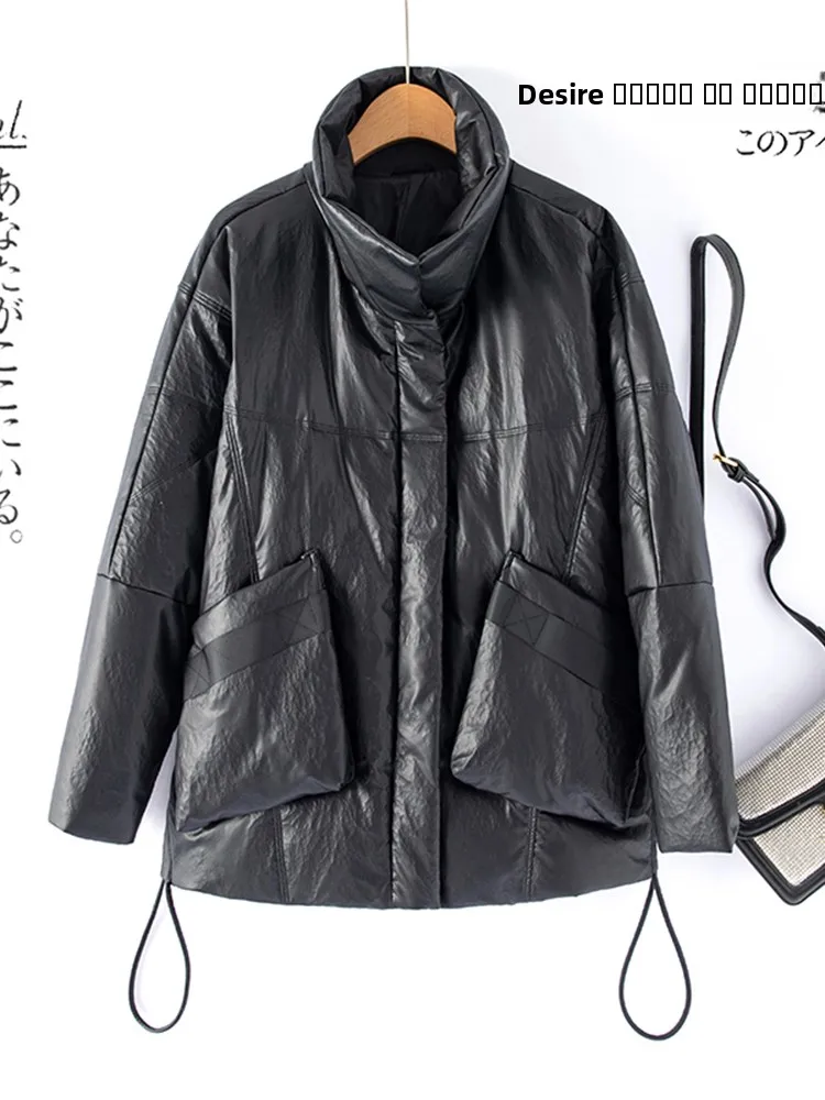 本革ダウンジャケット レディース 2025年新作 冬 杭州産羊革コート ルーズ 厚手 ファー付き 羊革 ロング ミドル丈