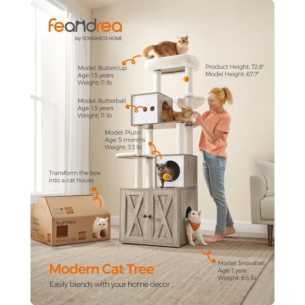 Cat Tree with Litter Box Enclosure, 2-in-1 Modern Cat Tower, 72.8-Inch Tall Cat Condo with Scratching Posts, Perch