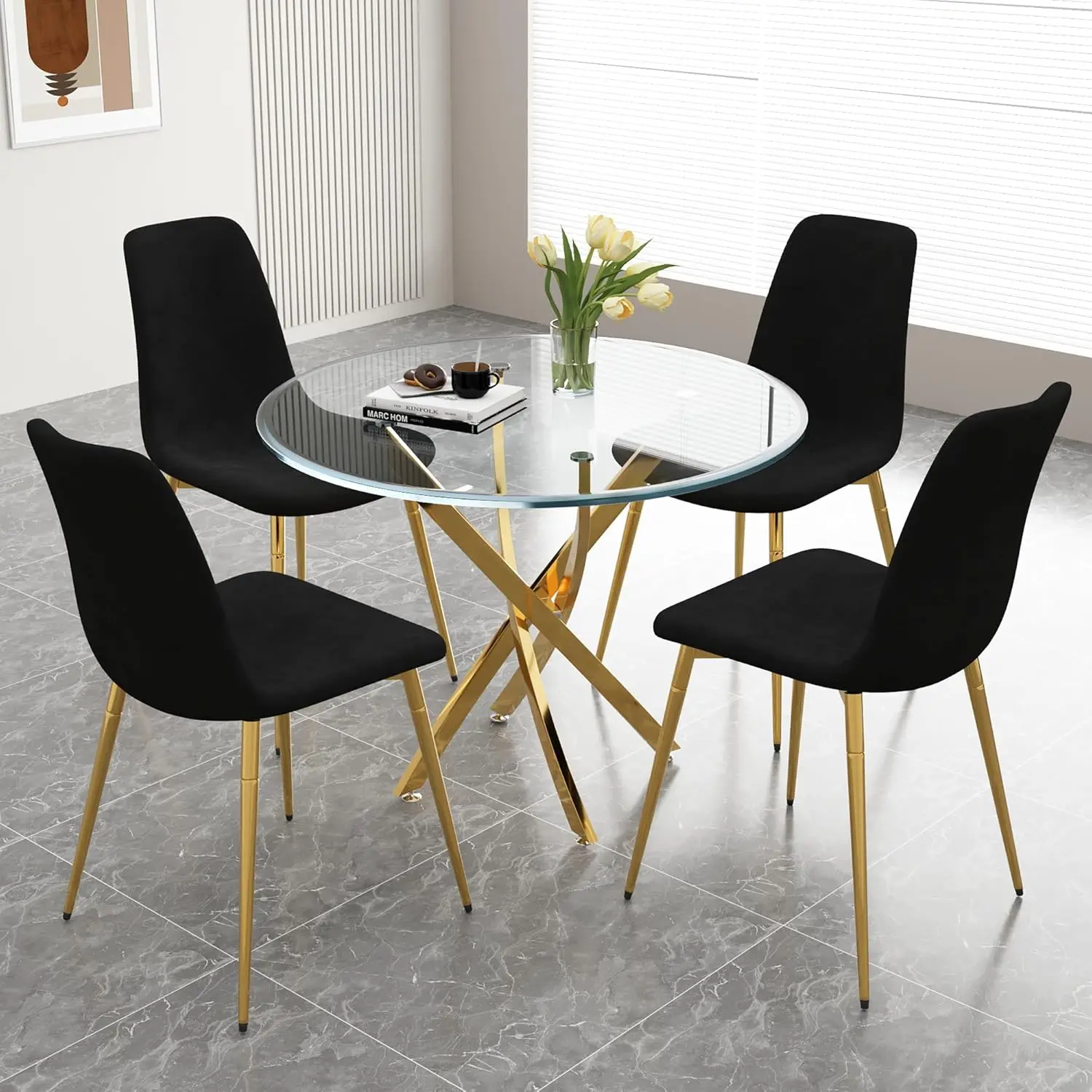 Glass Dining Table Set For 4, 5-Piece Round Gold Kitchen Table Set With 4 Black Upholstered Chair, Tempered Glass Dining Room