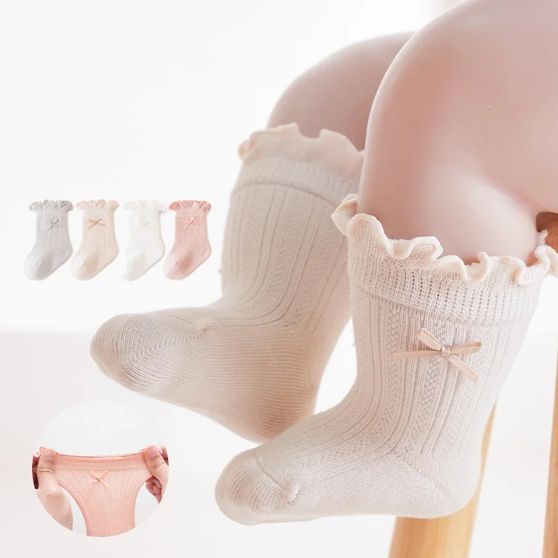 

Детские носки для девочек, милые короткие носки до середины икры с бантом для новорожденных, весенне-осенние модные милые хлопковые носки принцессы с рюшами