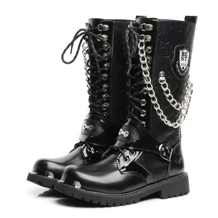 Men\'s plus size Casual High Top Leather Boots Spring and Autumn Outdoor Motorcycle Boots comfort Chain collision avoidance Boots