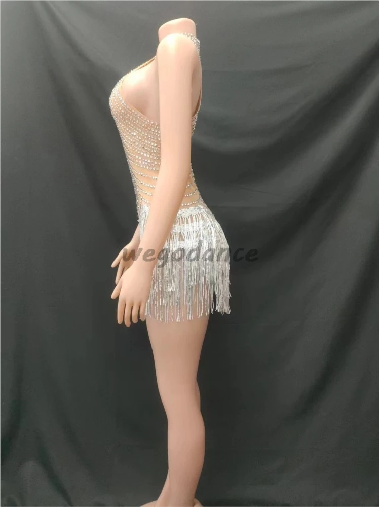 Stock Promotion New Sexy Sparkly Rhinestones Mesh See Through Tassel Bodysuit For Women