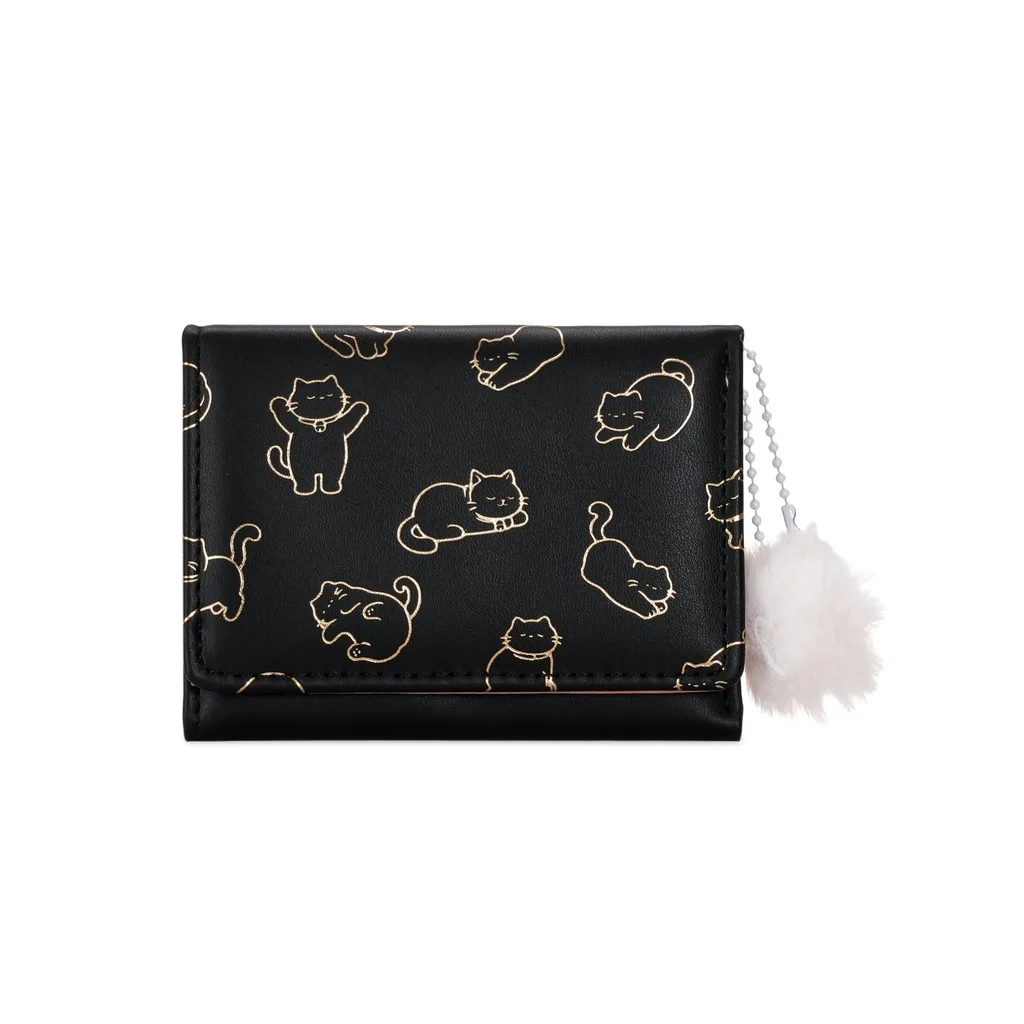 Cartoon Korean Printing Cute Cat Coin Purse Women's Short Wallet Hairball Charm Simple Tri-fold Clutch Storage Card Bag