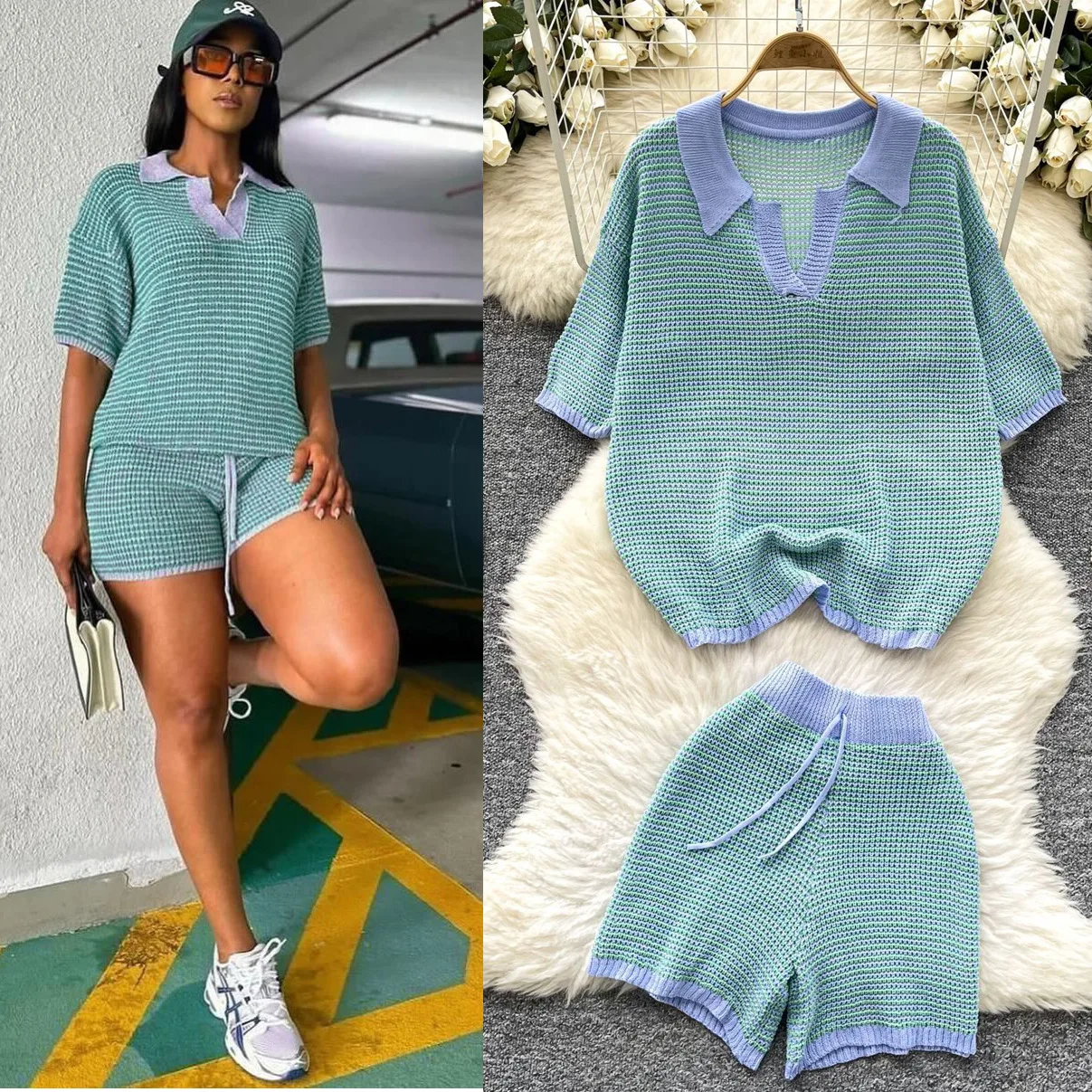 Shorts Pant Set Women Two Piece Sets Turn Down Collar Matching Sets Y2k Streetwear Tops Lace Up Elastic Waist Hollow Out Pants