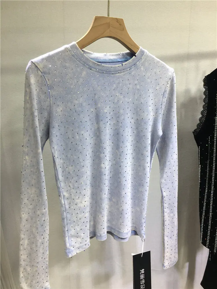 Full Diamonds New Spring Autumn Long Sleeve T-shirt Women Tie-dye Skinny Basic Tees Solid Color Round Neck Slim Pullover Tops