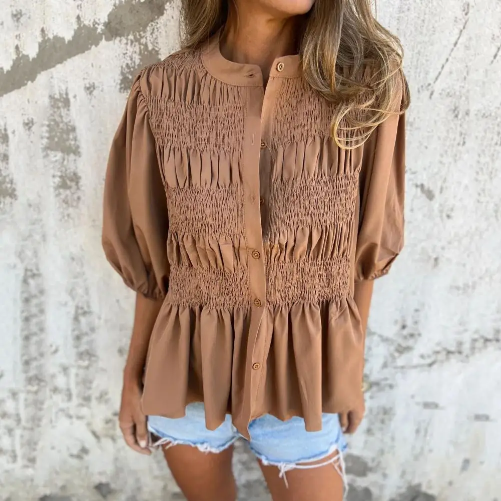 

Solid Color Blouse For Women's Summer Fashion Loose Shirts Short Sleeve Turn-down Collar Korean Casual Commuting Female Clothing