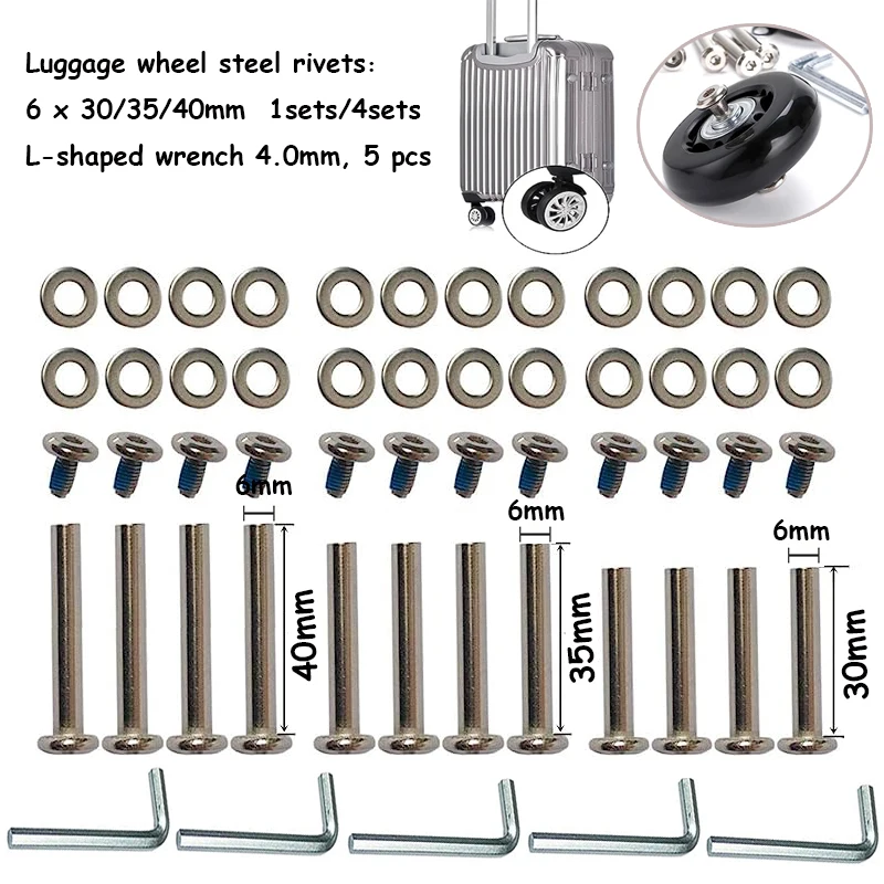 4set stainles steel luggage screws luggage accessories Luggage Wheels Bolts Rivets 6*30/35/40mm and 5 L-shaped wrenches 4.0mm