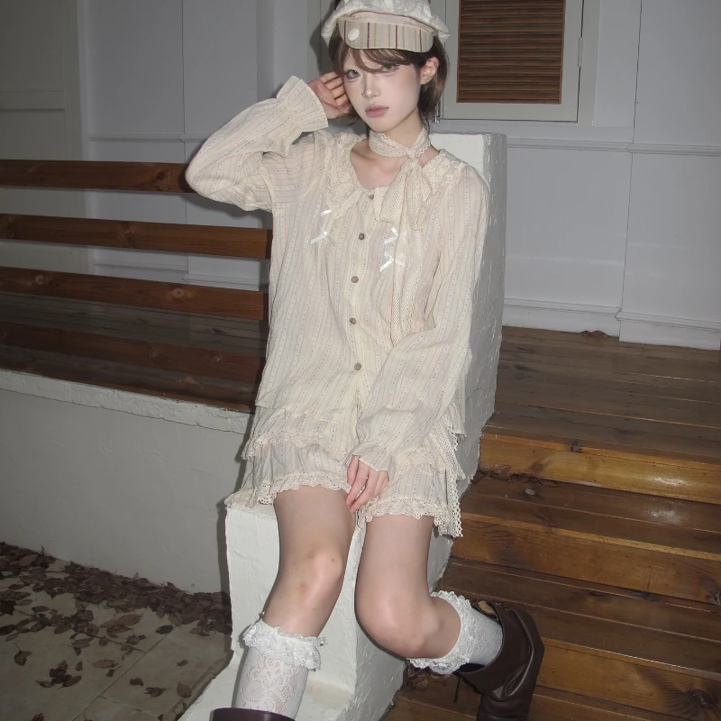 American Retro Apricot Sweet Bow Doll Collar Women's Top Autumn New Loose Slimming Versatile Temperament Short Skirt Set Ladies