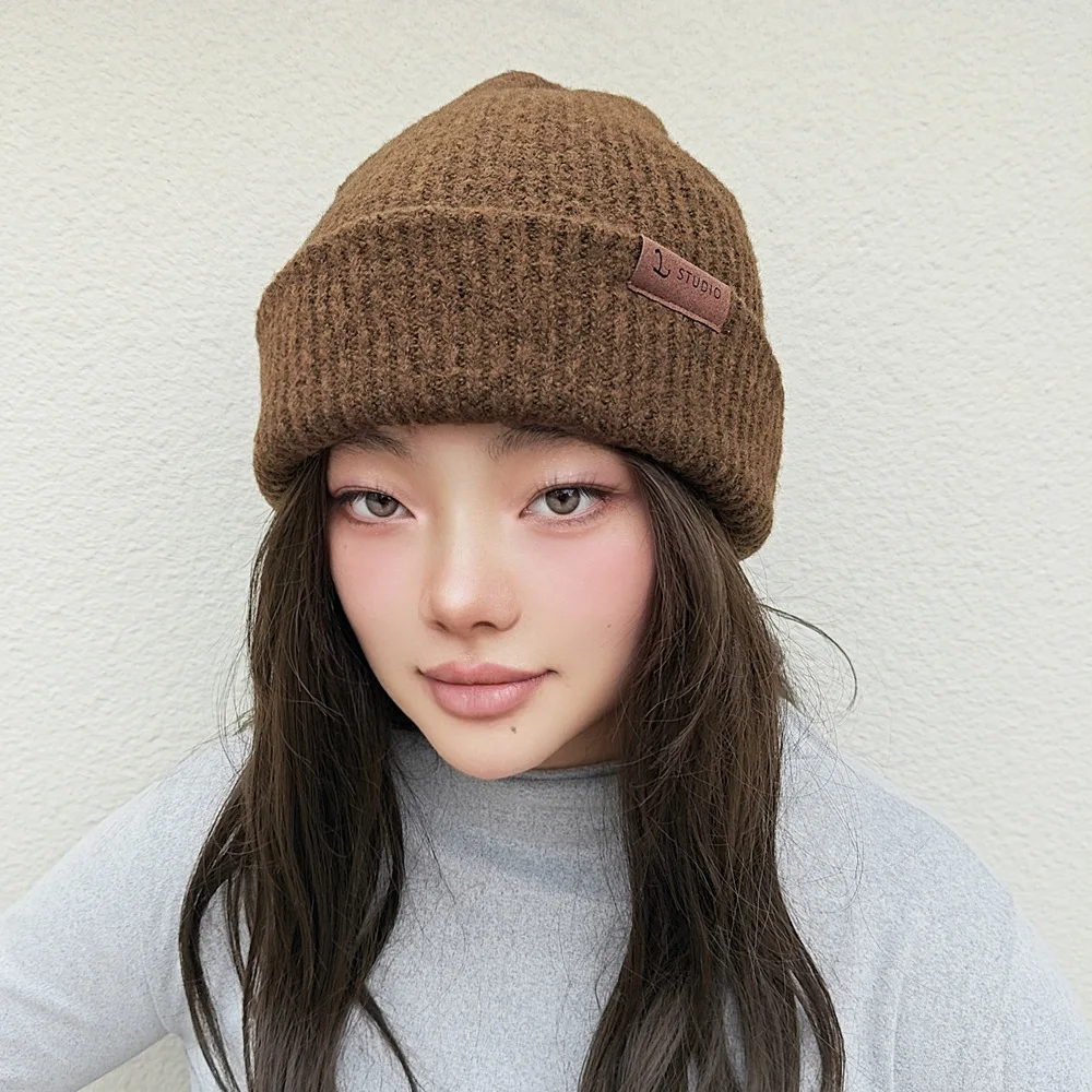 Winter Knitted Hat with Label Thick Wool Beanie Hat Keep Warm Ear Protection Crochet Cap for Girl Women Outdoor Activities Daily