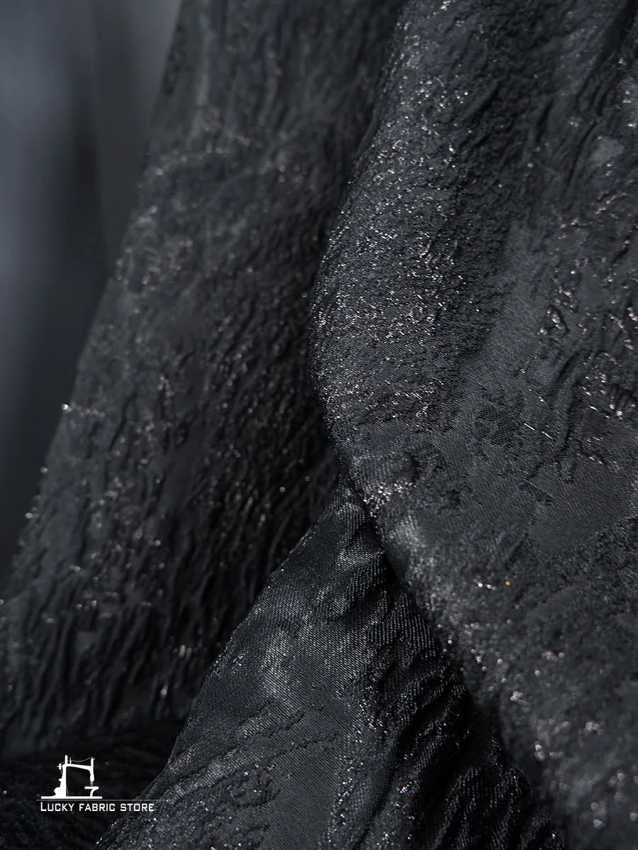 ブラックブレンドダークグレインジャカード生地、明るいシルクエンボステクスチャー、衣類DIYジャケットバッグ、デザイナー生地