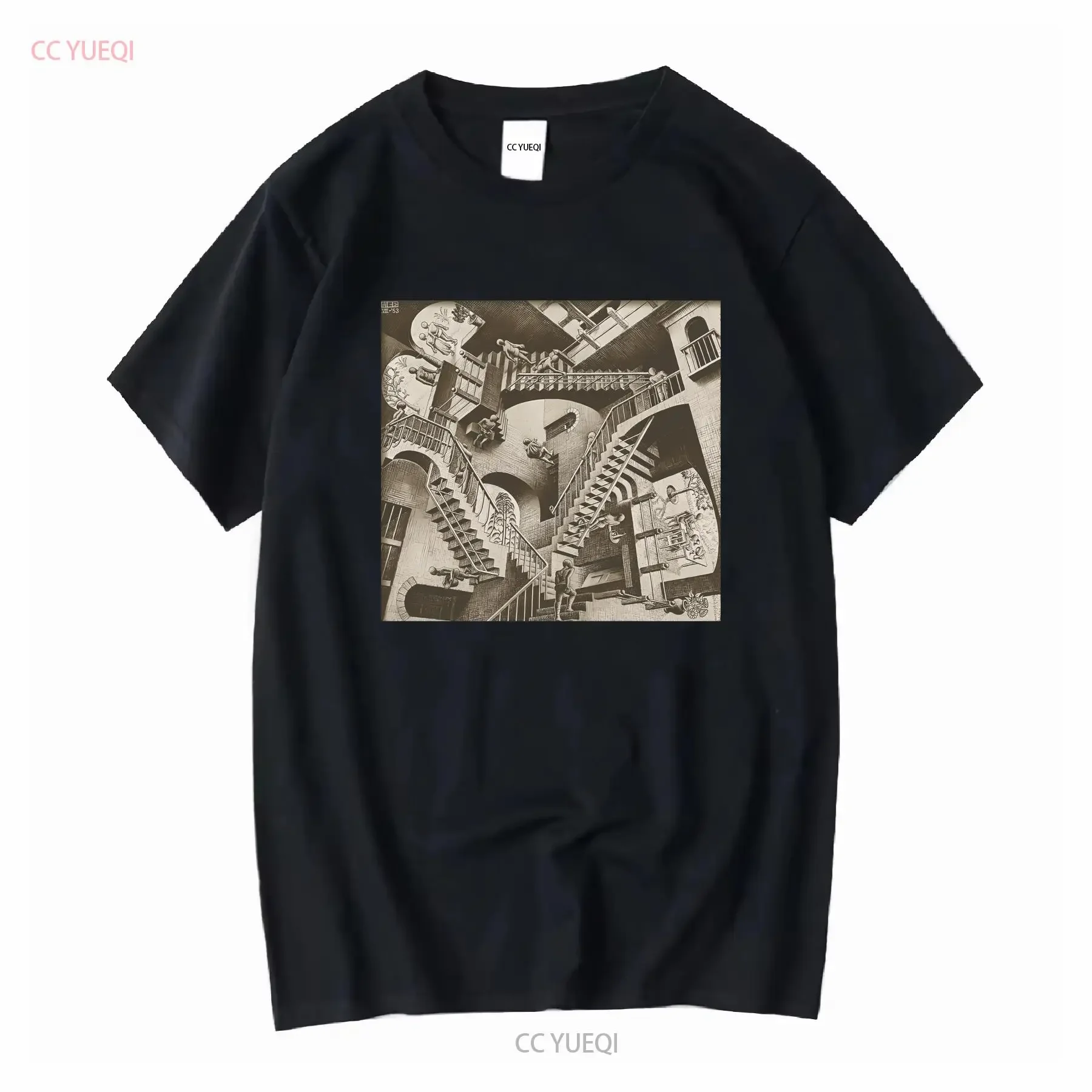 M C Escher Relativity Staircase Drawing Print Artwork Artist T Shirt MC12BK vintage Washed Slightly homme streetwear Breathable
