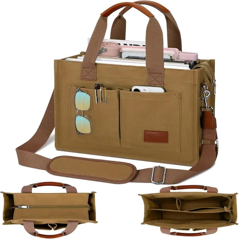 

KKXIU большая холщовая сумка-тоут для женщин с застежкой-молнией и отделениями через плечо, рабочая сумка-мессенджер с Библией и карманами