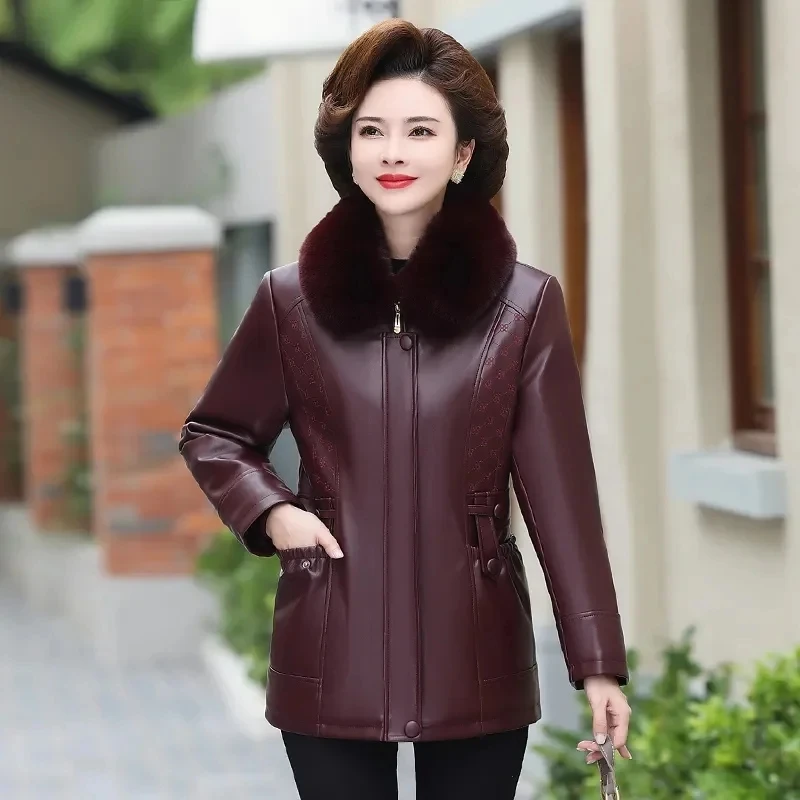 New Fashion PU Leather Coats Ladies Middle-Aged Old-Aged Jacket Autumn Winter Outwear Add Velvet Padded Short Overcoat Women