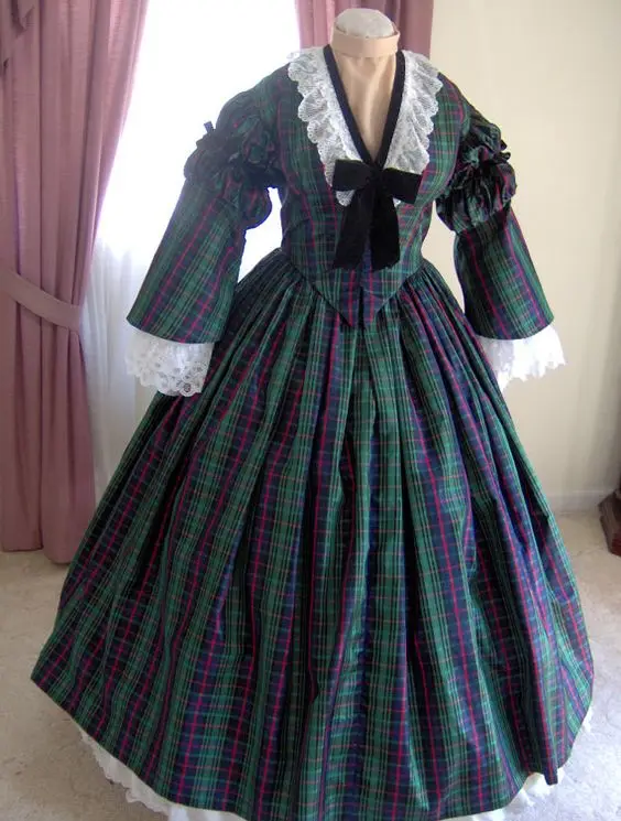 Victorian Dickens Fair Dress Natal Caroler Costume Guerra Civil Pioneer Ball Gown Xadrez Verde Southern Belle Costume Dress