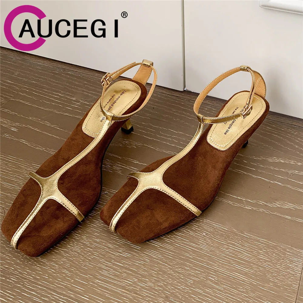 

Aucegi Genuine Leather Ankle Strap Buckle Sandals Women Sexy Square Open Toe Thin High Heels Summer Elegant Party Office Shoes