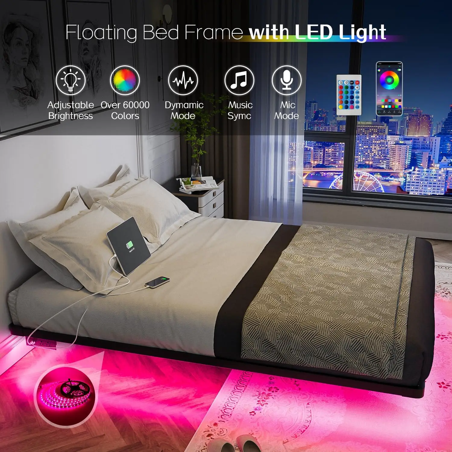 Scafb33763ba44c8a833e13de01a6598aS Queen Size Floating Bed Frame with LED Lights and Charging Station