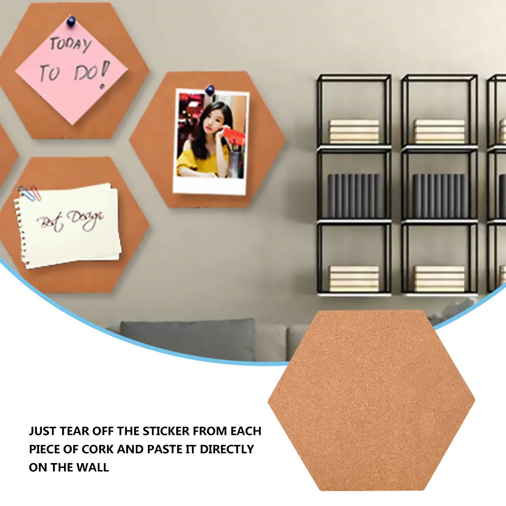 10Pcs Chic Hexagonal Cork Memo Boards Self-Stick Corkboard for Photo Display Message Notes Menu Board on Wall Glass Tile Wood view 6