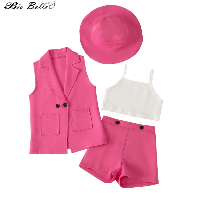 

1-7Y Kids Girl Suits Children Sleeveless Lapel Blazer Waistcoat + Vest+ Shorts 3pcs Suit Baby Girl Summer Clothes Set