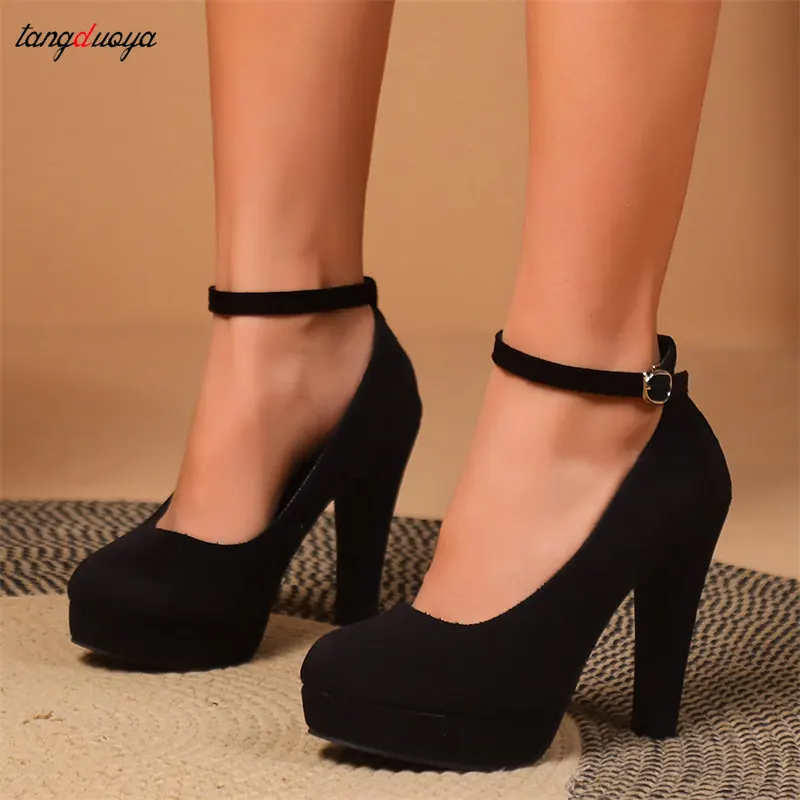 platform heels One Word Buckle Pointed Toe High Heels Sexy Platform Thin Heels Lady Party Pumps Career Work Shoe big Size 42