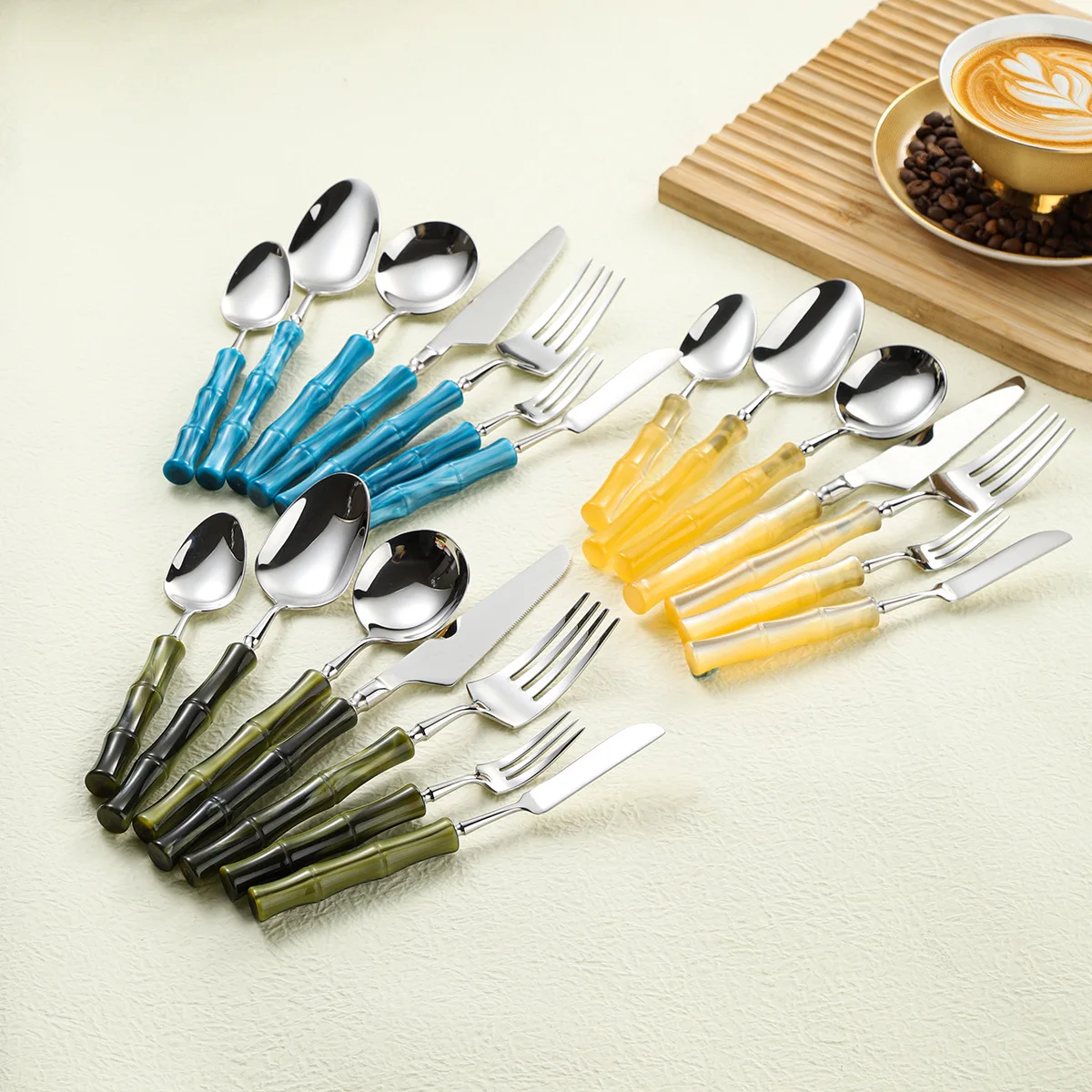 Creative 304 Stainless Steel Bamboo Acrylic Handle Western Tableware 7piece Set High-looking Household Knife, Fork and Spoon Set