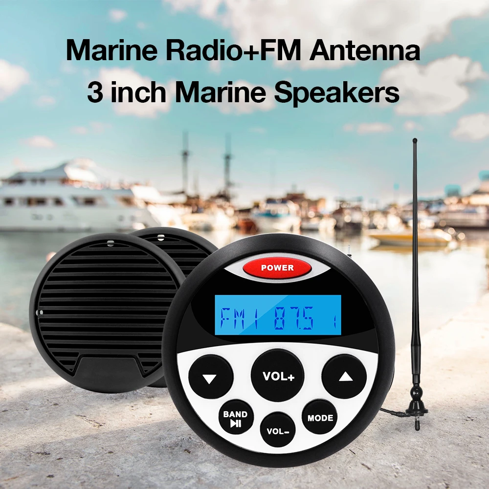 GUZAER Marine Bluetooth Stereo Audio Sound System Waterproof Motorcycle Speaker with Antenna for Boat Car MP3 Player