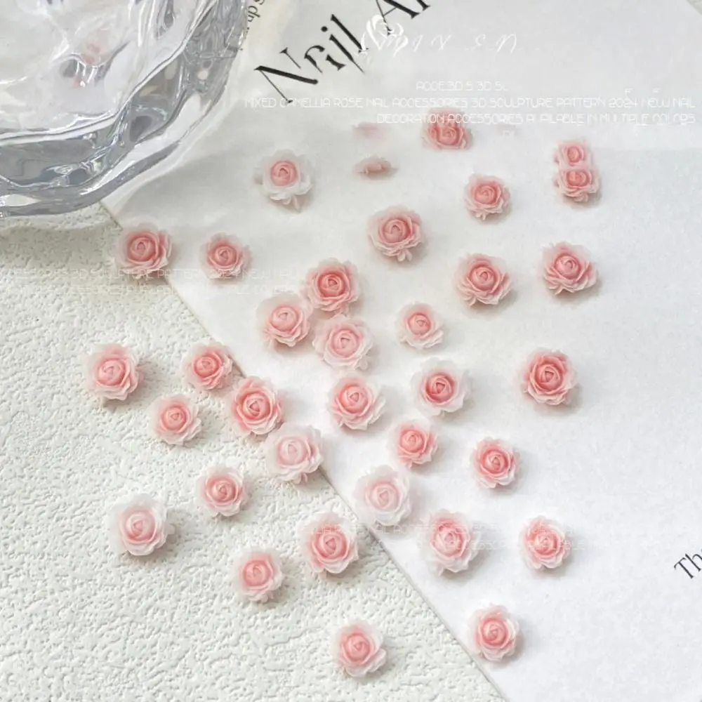 

50Pcs Resin Gradient Rose Nail Art Charm 3D Mixed Size 6mm + 8mm Carving Camellia Flowers Nails Rhinestones Manicure Accessories