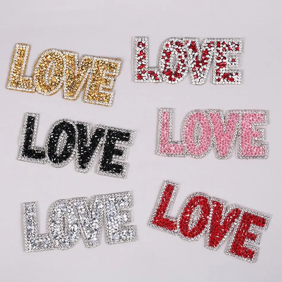 Love Crystal Rhineston Heat Sticker na koszulce DIY naprasowanka, nadaje się do prania na transfery na odzież Bling Design naszywki na dekoracja