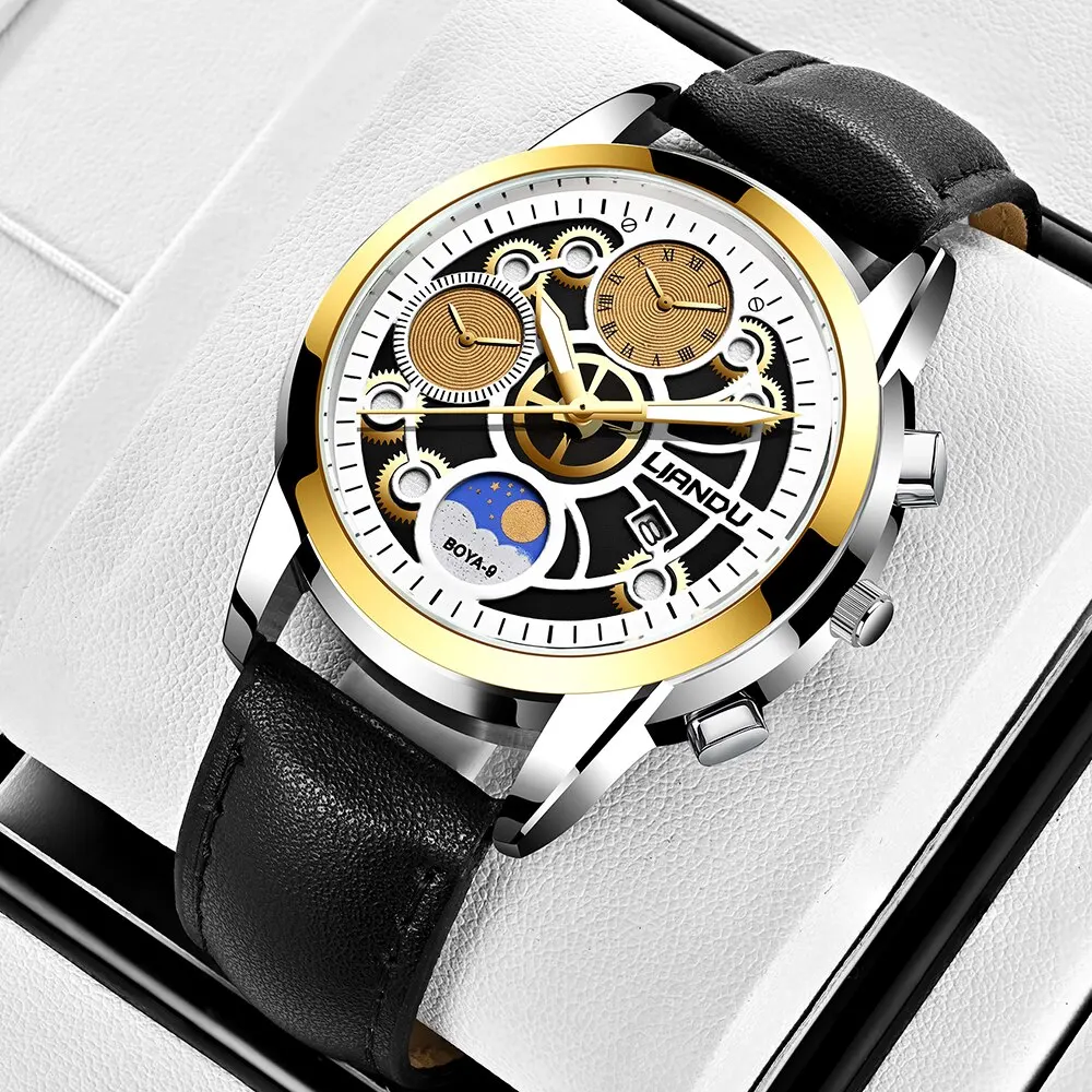 Top Brand Luxury Leather Quartz Watch Men Mechanical Dial Clock Sport Mens Wristwatch Relogio Masculino