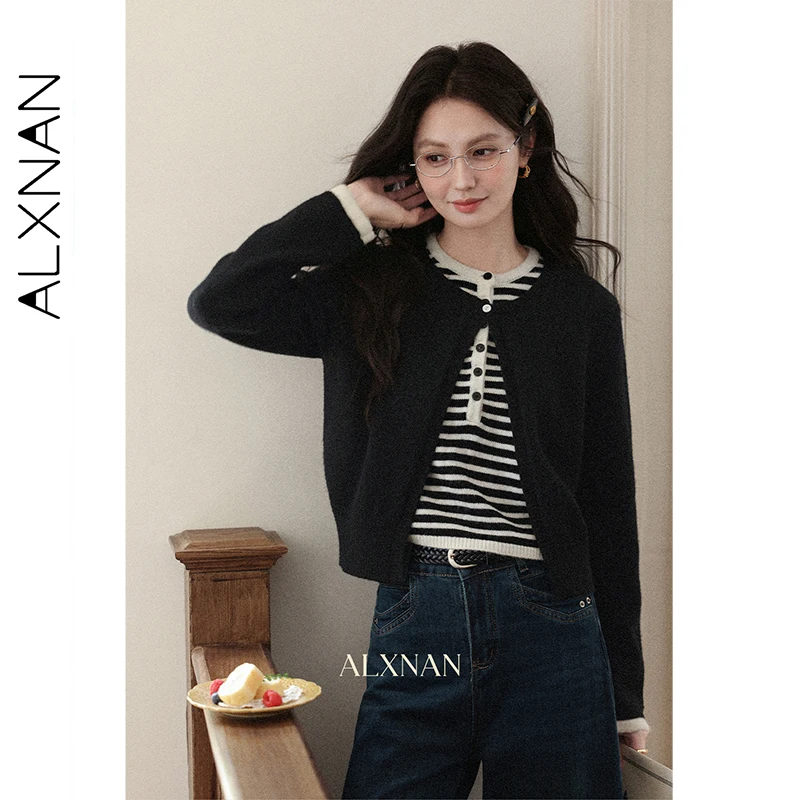 

ALXNAN вязаный пуловер в полоску с вставками, женский топ из двух частей на пуговицах, новая повседневная универсальная женская одежда с длинными рукавами L57282
