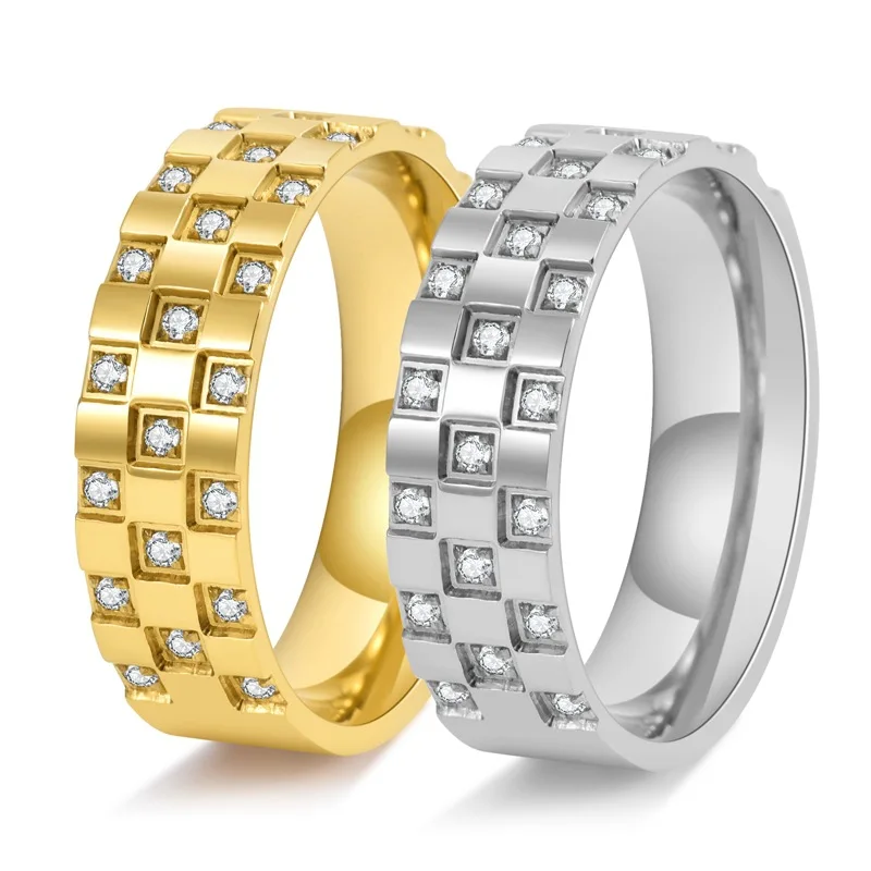 Stainless Steel Pave CZ Checkered Pattern Ring Wedding Band for Women Men Size 6-11